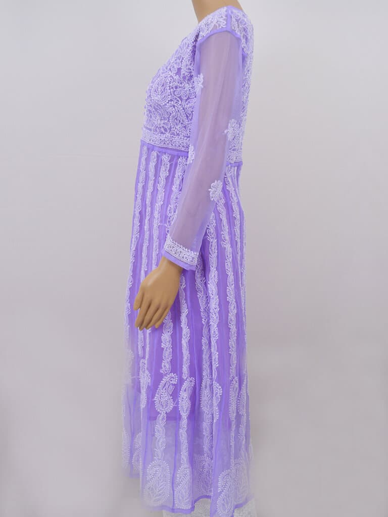 Women Purple And White Lucknowi Chikankari Georgette Anarkali Kurti - Side Full