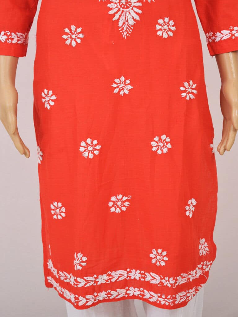 Women Red And White Paisley Chikankari Hand Embroidery Cotton Kurti - Front Low