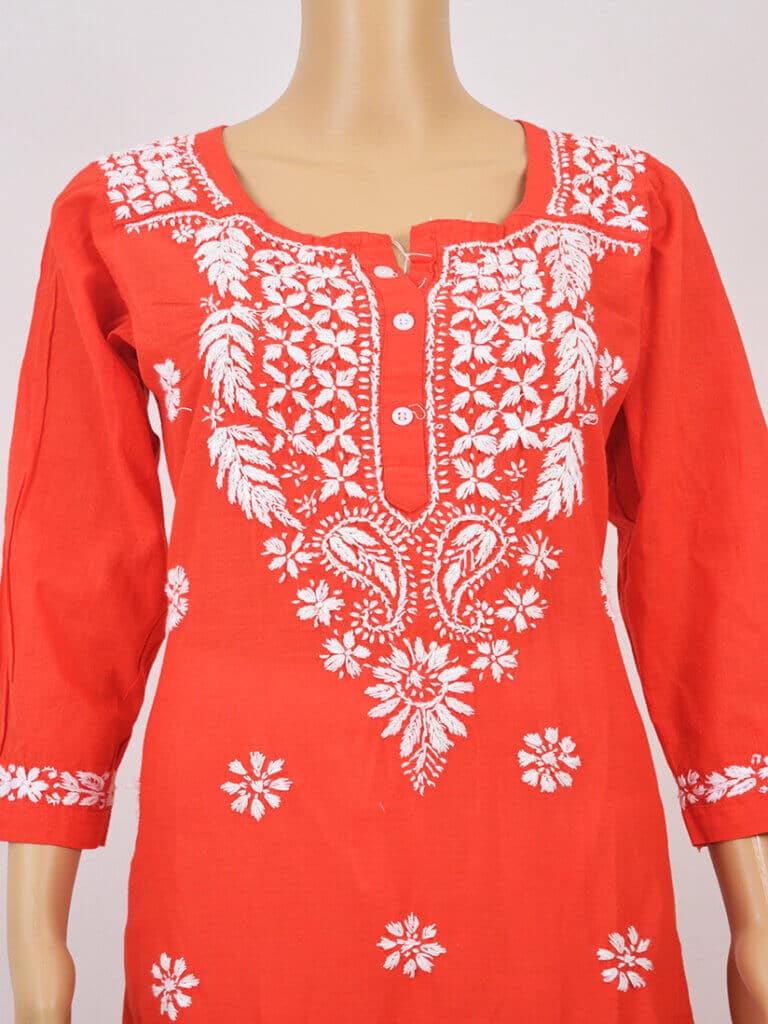Women Red And White Paisley Chikankari Hand Embroidery Cotton Kurti - Front Mid Close