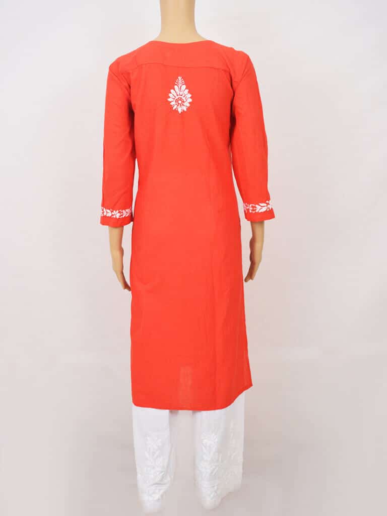 Women Red And White Paisley Chikankari Hand Embroidery Cotton Kurti - Full Back