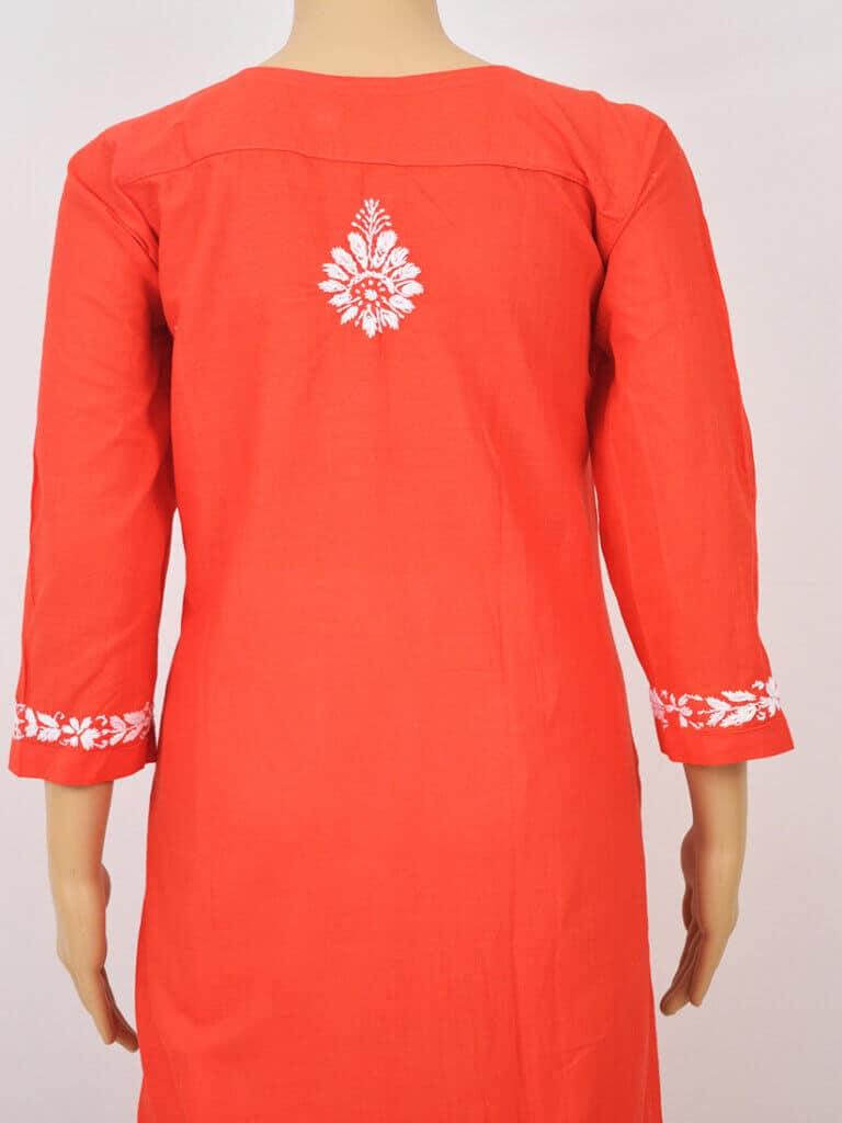 Women Red And White Paisley Chikankari Hand Embroidery Cotton Kurti - Full Back Close