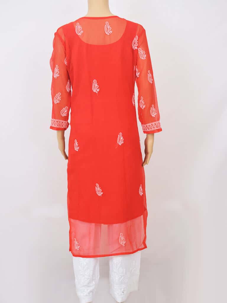 Women Red Lucknowi Chikankaari Palti Boti Georgette Kurti - Back Full