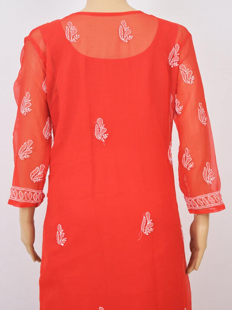 Women Red Lucknowi Chikankaari Palti Boti Georgette Kurti - Back Full Close