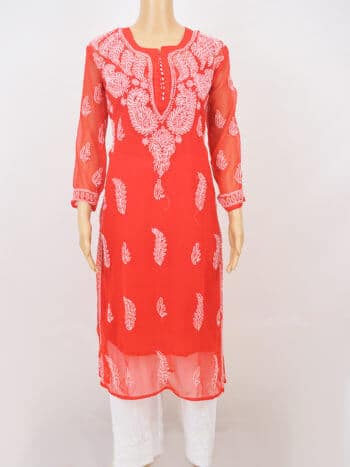 Red & White Palti Boti Lucknowi Chikankari Casual Georgette Kurti - Front Full