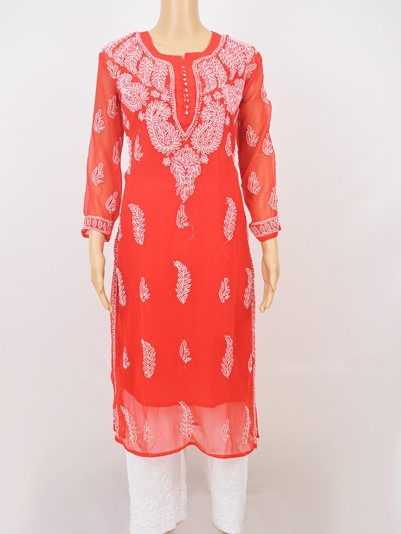 GLOSSY RED CHIKANKARI KURTA SET – sutraclothings