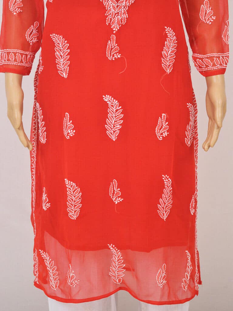 Women Red Lucknowi Chikankaari Palti Boti Georgette Kurti - Front Low