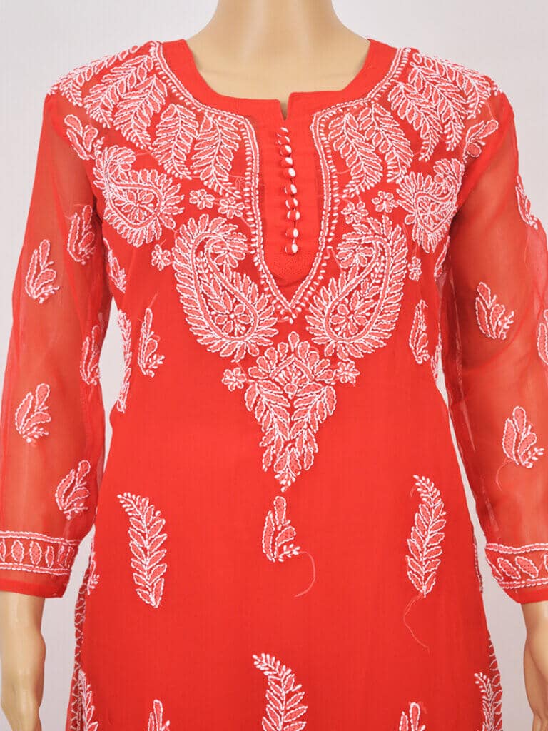 Women Red Lucknowi Chikankaari Palti Boti Georgette Kurti - Front Mid Close