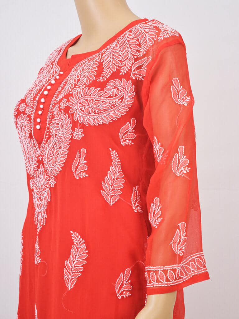 Women Red Lucknowi Chikankaari Palti Boti Georgette Kurti - Side Close