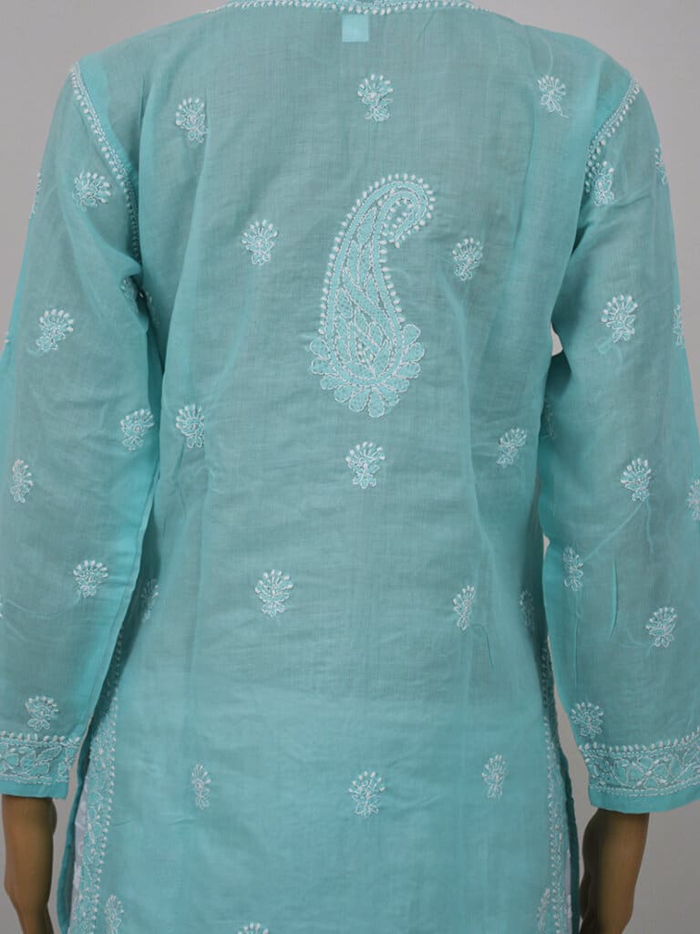 Women Sea Green And White Chikankari Embroidery Cotton Kurti - Back Close