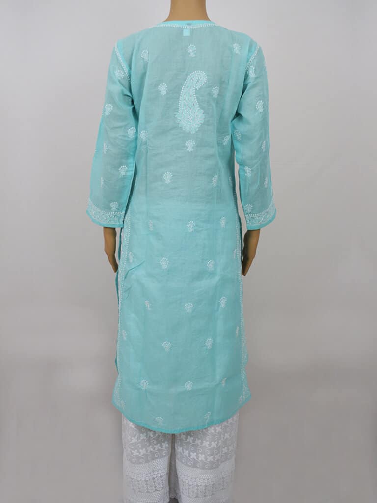 Women Sea Green And White Chikankari Embroidery Cotton Kurti - Back Full
