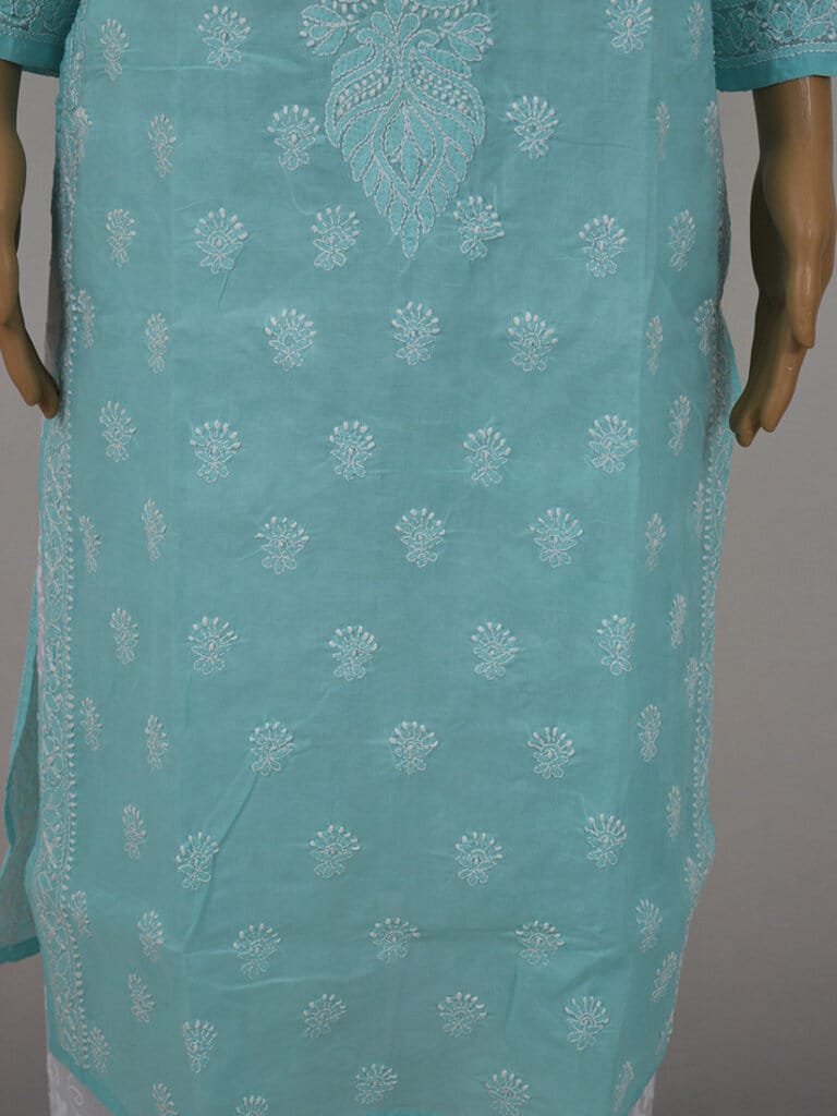 Women Sea Green And White Chikankari Embroidery Cotton Kurti - Front Low