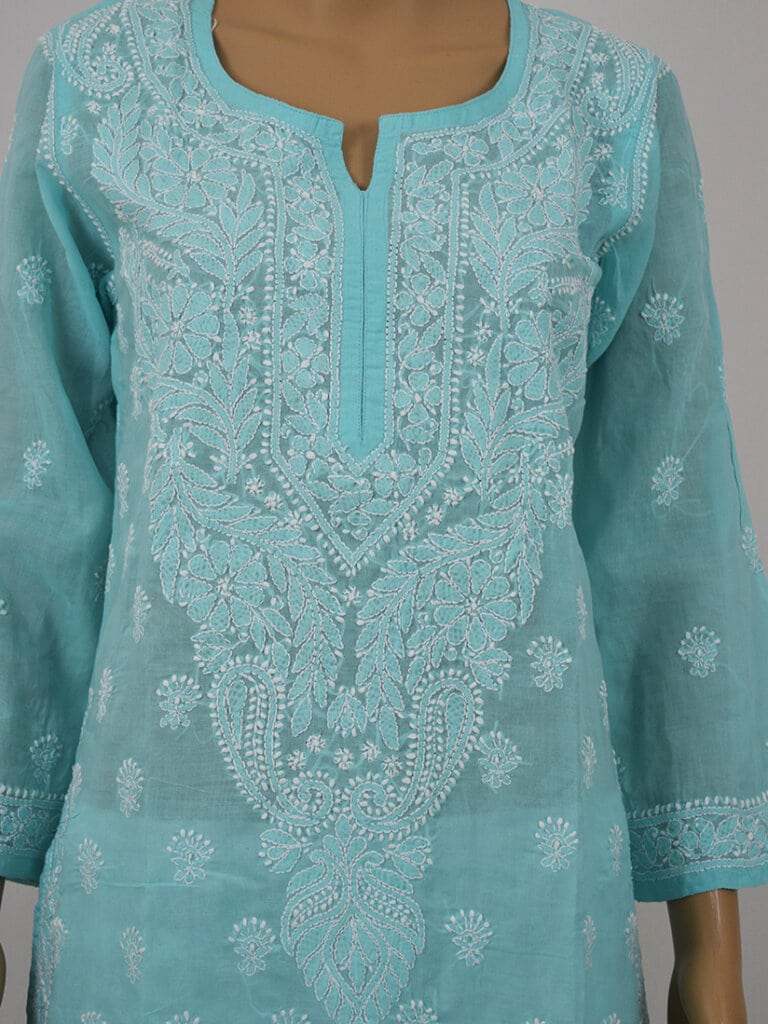 Women Sea Green And White Chikankari Embroidery Cotton Kurti - Front Mid Close