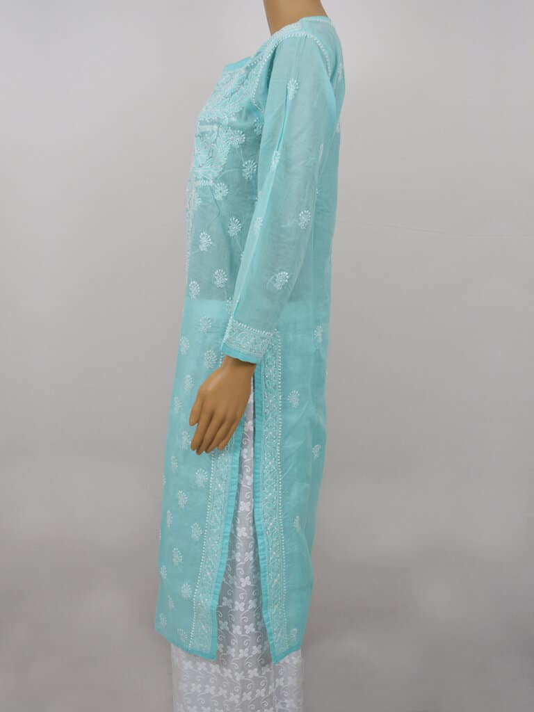 Women Sea Green And White Chikankari Embroidery Cotton Kurti - Side Full