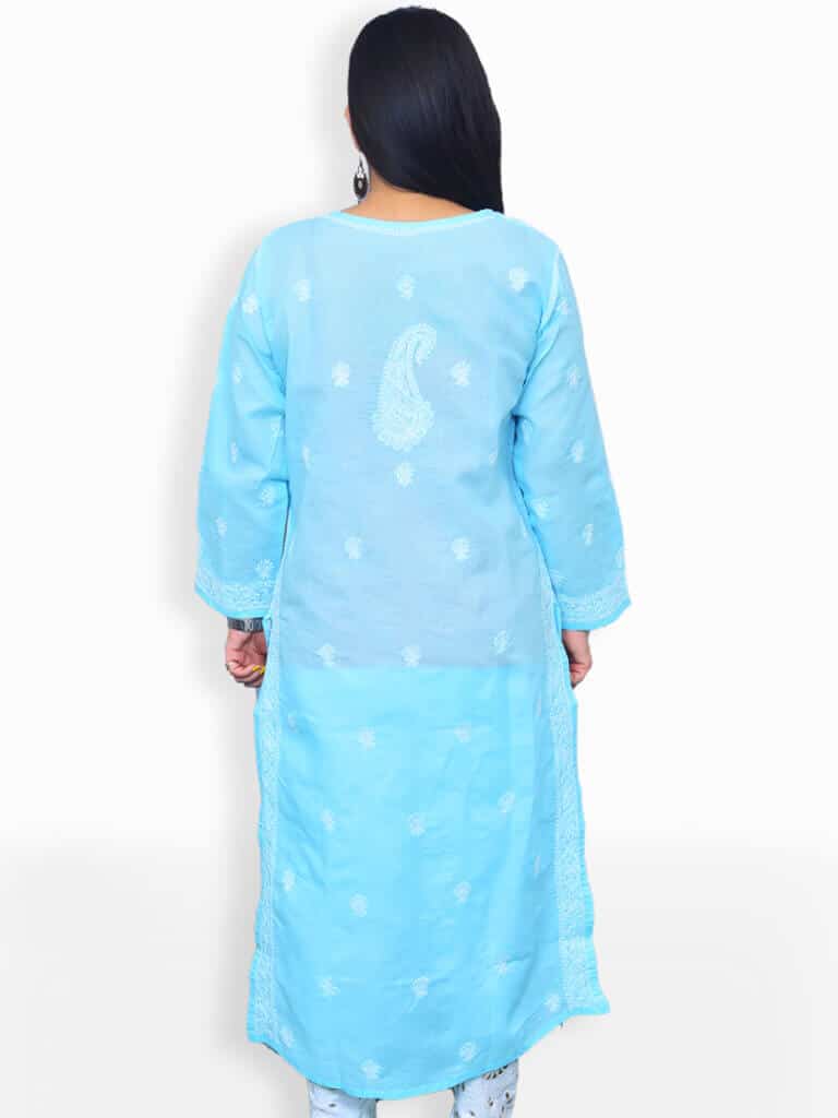 Women Sky Blue And White Chikankaari Embroidery Cotton Kurta - Back