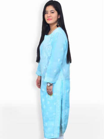 Women Sky Blue And White Chikankari Embroidery Cotton Kurti - Side