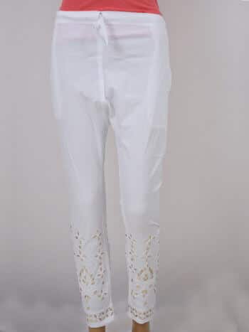White & Golden Gota Lucknowi Chikankari Stretchable Cotton Pant - Front Full