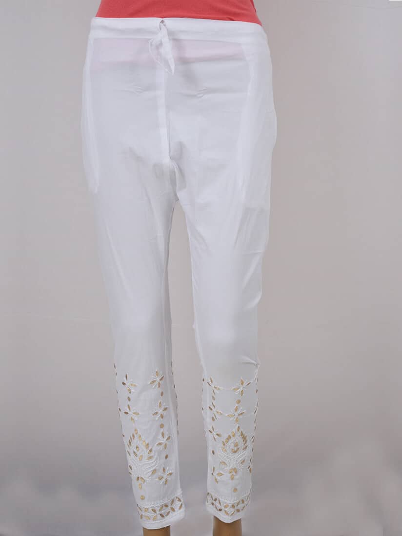 women white chikankaari emboridery stretchable cotton gota pant front full 2
