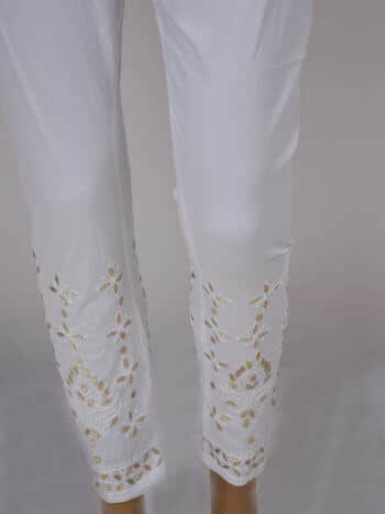 Women White Chikankaari Emboridery Stretchable Cotton Gota Pant - Front Low