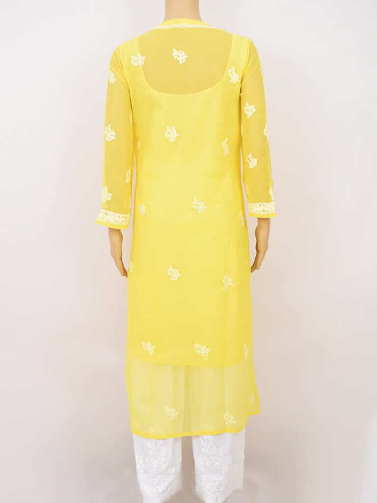 Women Yellow Full Jaal Lucknowi Chikankari Georgette Kurti - Back Full