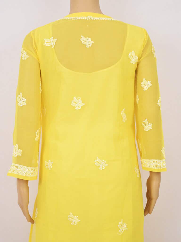 Women Yellow Full Jaal Lucknowi Chikankari Georgette Kurti - Back Full Close