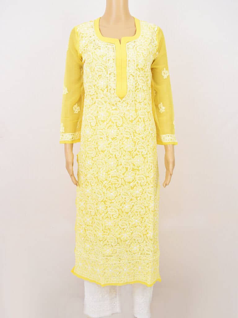 Women Yellow Full Jaal Lucknowi Chikankari Georgette Kurti - Front Full Low