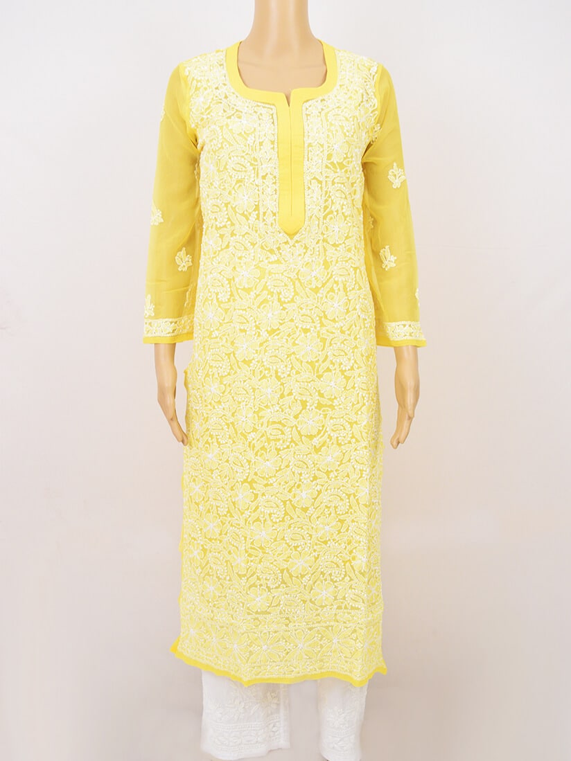 Buy Lucknow Chikan Emporium Hand Embroided Skin Friendly Semi Georgette  Chikankari Anarkali Kurti Yellow. Online at Best Prices in India - JioMart.