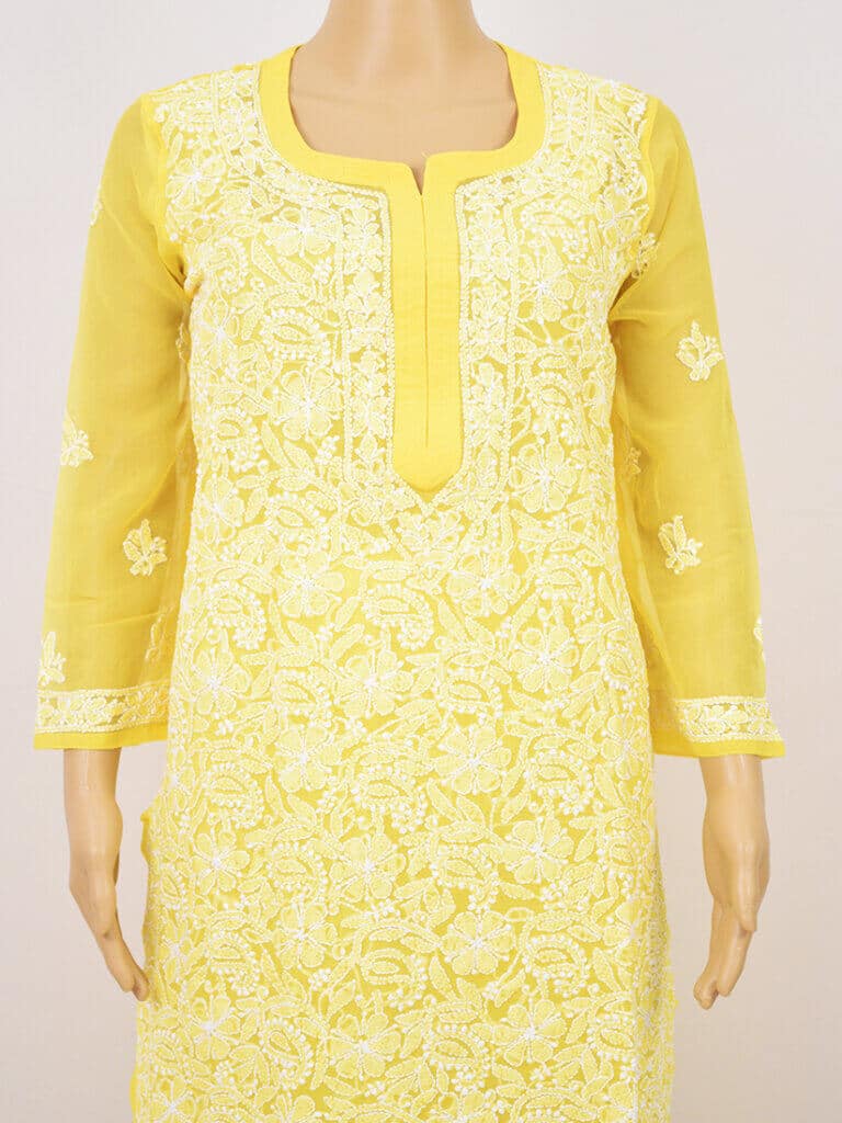 Women Yellow Full Jaal Lucknowi Chikankari Georgette Kurti - Front Mid Close
