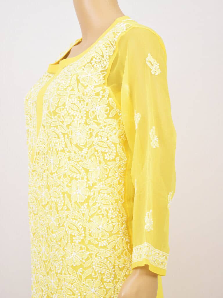 Women Yellow Full Jaal Lucknowi Chikankari Georgette Kurti - Side Close
