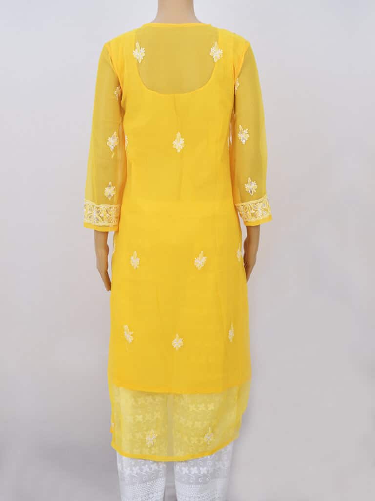 Women Yellow Lucknowi Chikankari Five Kairi Gota Work Kurti - Back Close
