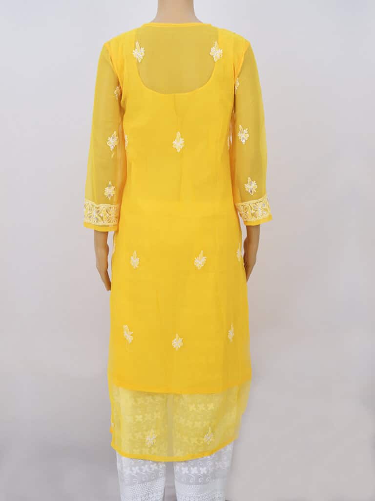 Women Yellow Lucknowi Chikankari Five Kairi Gota Work Kurti - Back Full