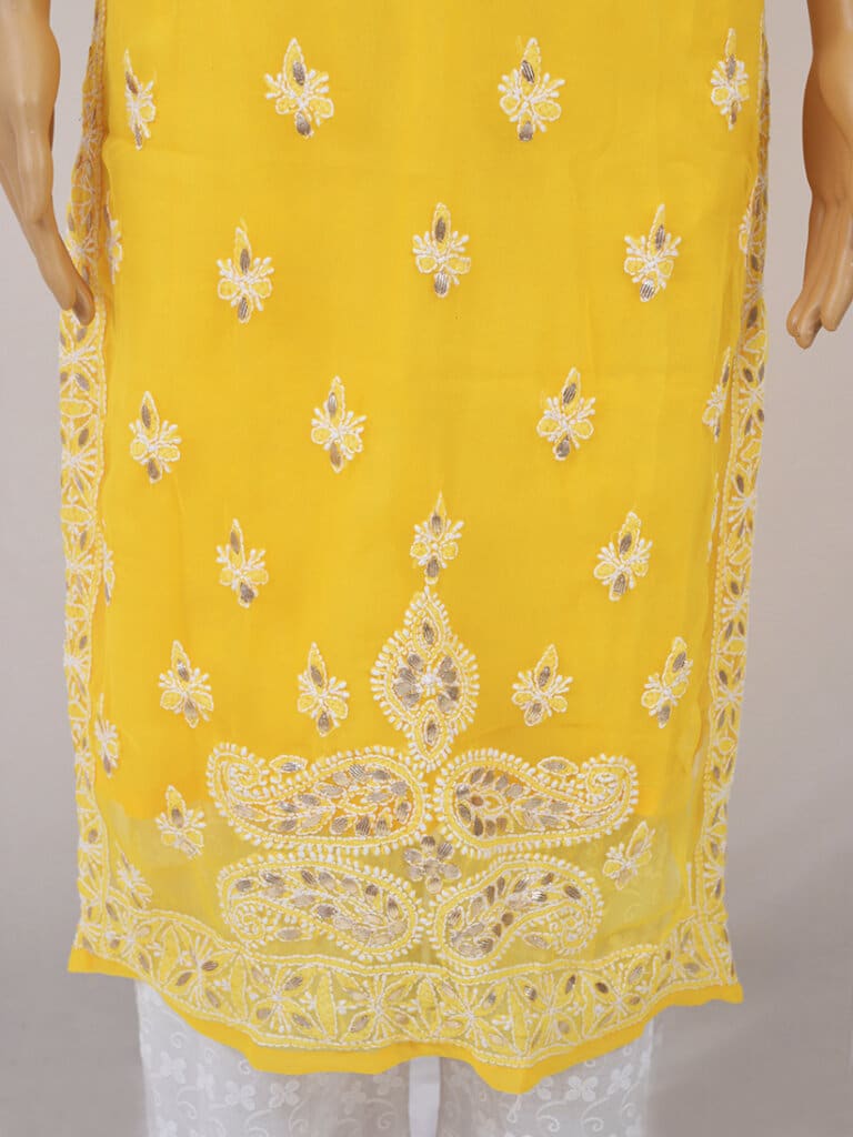 Women Yellow Lucknowi Chikankari Five Kairi Gota Work Kurti - Front Low
