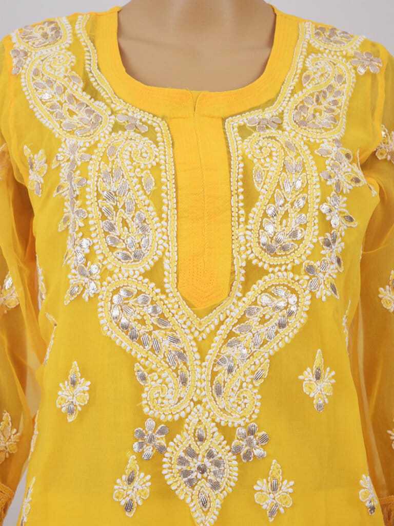 Women Yellow Lucknowi Chikankari Five Kairi Gota Work Kurti - Front Mid Close