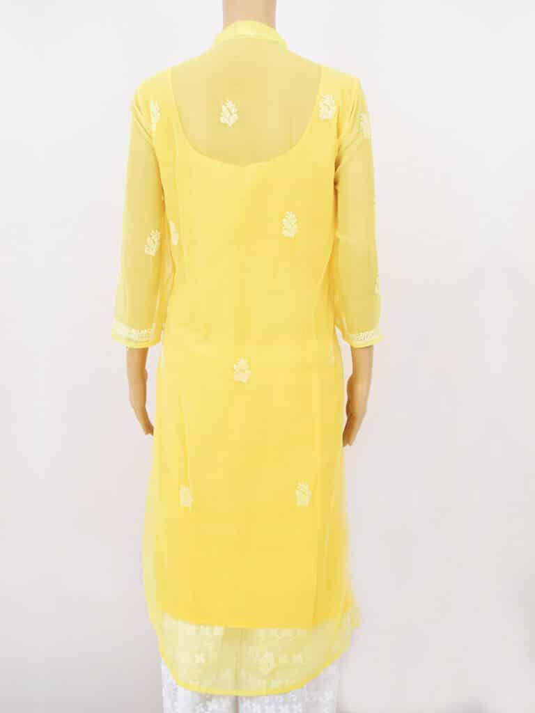 Women Yellow Lucknowi Chikankari Five Kairi Gota Work Kurti - Back Close