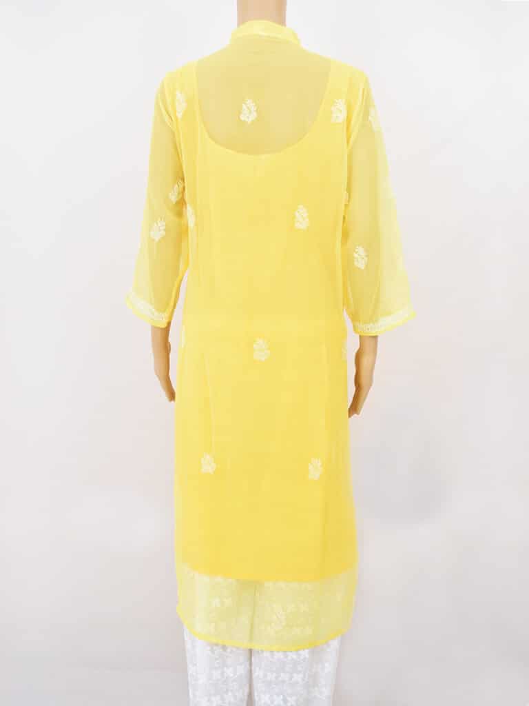 Women Yellow Lucknowi Chikankari Five Kairi Gota Work Kurti - Back Full