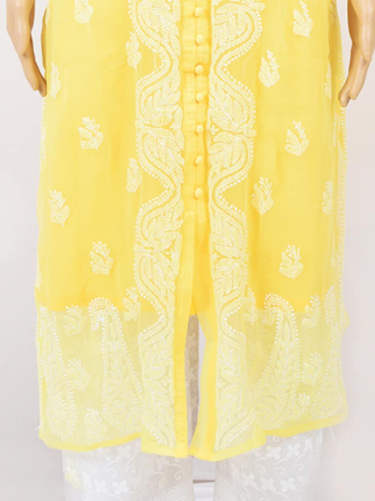 Women Yellow Lucknowi Chikankari Five Kairi Gota Work Kurti - Front Low