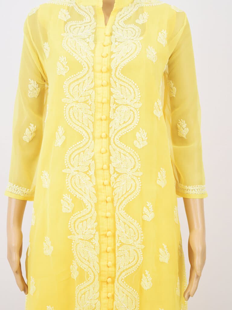 Women Yellow Lucknowi Chikankari Five Kairi Gota Work Kurti - Front Mid Close