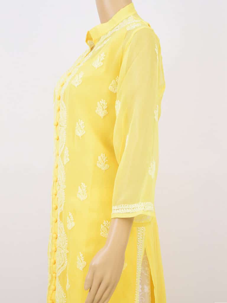 Women Yellow Lucknowi Chikankari Five Kairi Gota Work Kurti - Side Full