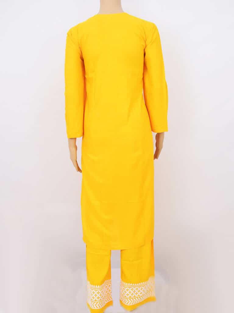 Women Yellow Lucknowi Chikankaari Rayon Kurta Palazzo Set - Back Full
