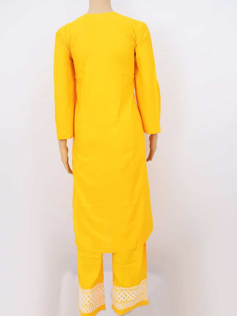 Women Yellow Lucknowi Chikankaari Rayon Kurta Palazzo Set - Back Full Close
