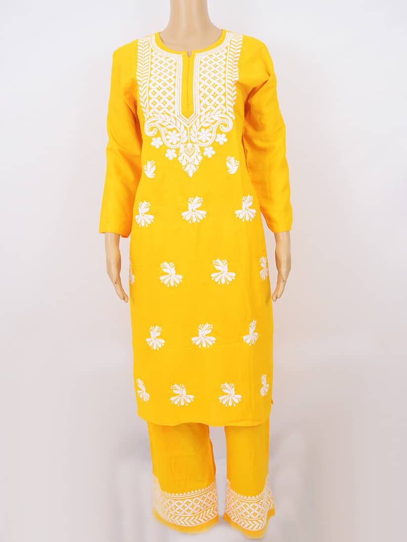 Buy Pink Lucknowi Work Rayon Kurti With Palazzo Online