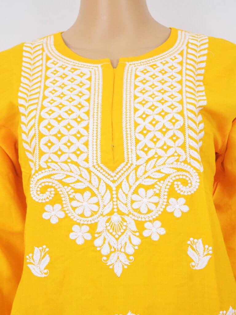 Women Yellow Lucknowi Chikankaari Rayon Kurta Palazzo Set - Front Mid Close