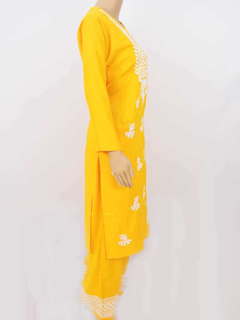 Women Yellow Lucknowi Chikankaari Rayon Kurta Palazzo Set - Side