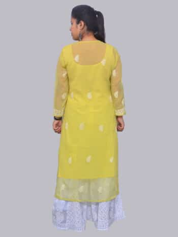 Yellow White Palti Boti Lucknowi Chikankari Casual Georgette Kurti - Back Pose