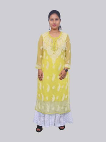 Yellow White Palti Boti Lucknowi Chikankari Casual Georgette Kurti - Front Pose