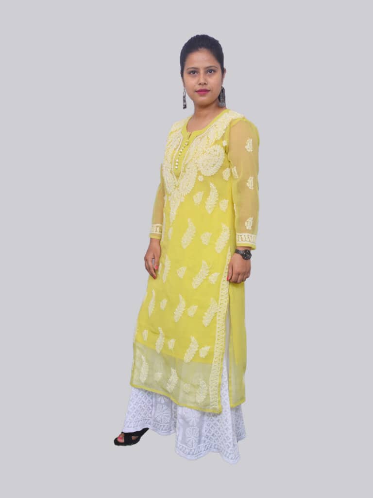 Yellow White Palti Boti Lucknowi Chikankari Casual Georgette Kurti - Side Pose