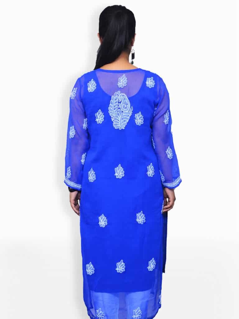 Women Blue And White Chikankari Emboridery Geogette Gala Daaman Kurti - Back