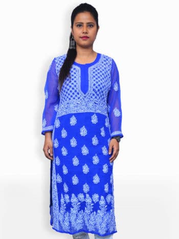 Blue & White Gala Daman Lucknowi Chikankari Casual Georgette Kurti - Front