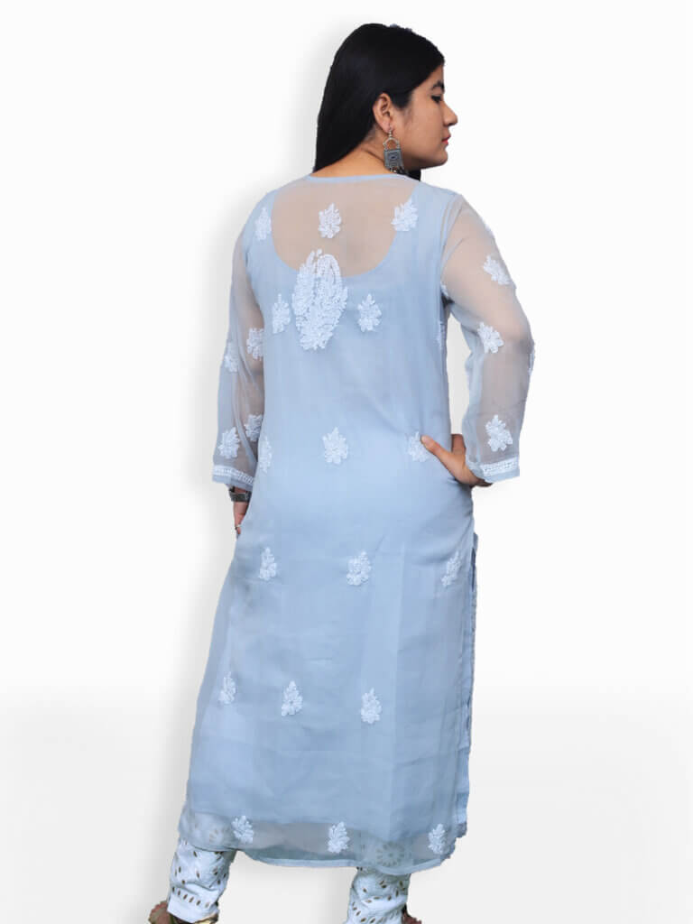 Women Grey And White Chikankari Emboridery Geogette Gala Daaman Kurti - Back Pose