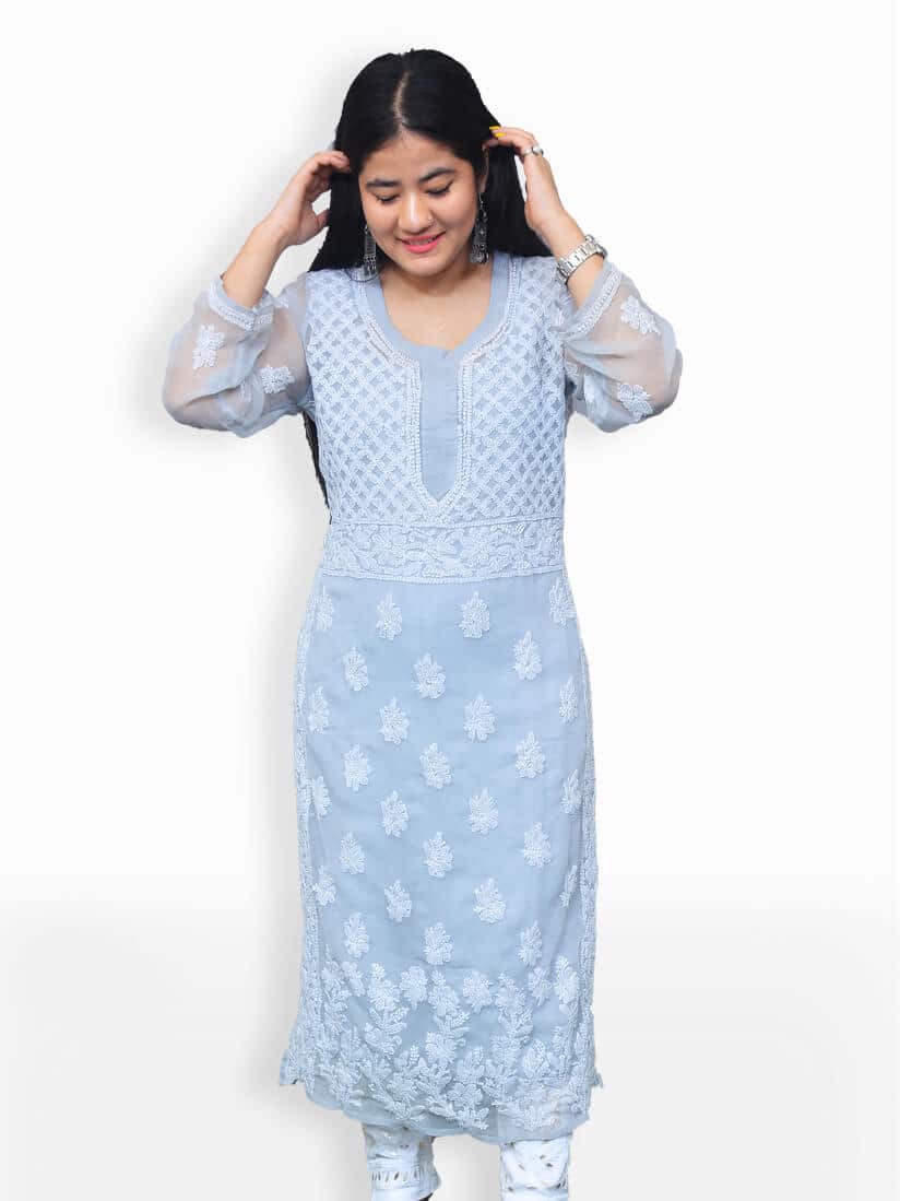 The Chikan Label Pure Georgette White Chikankari Angarkha Kurta at Rs 2499  | Chikan Embroidery Kurti in Lucknow | ID: 20717437373