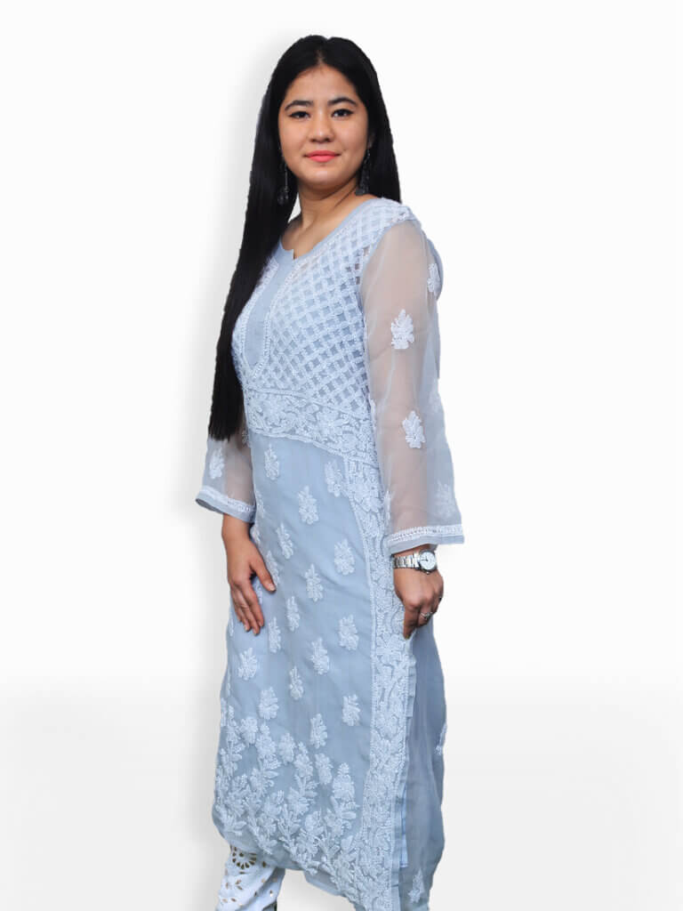 Women Grey And White Chikankari Emboridery Geogette Gala Daaman Kurti - Side Pose